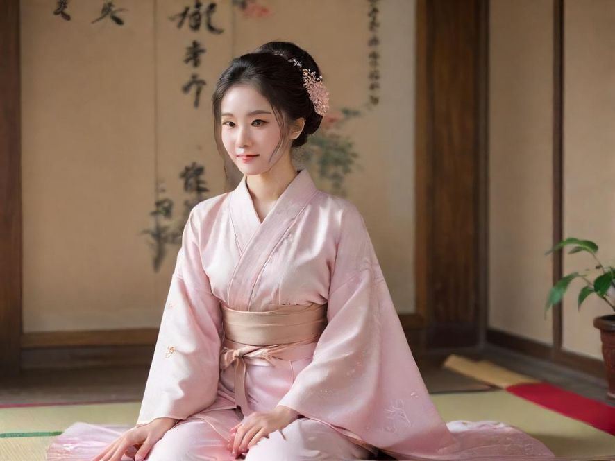 一位气质优雅的都市女性，在柔和灯光下的高级茶室中，面带微笑，享受片刻的宁静与沉思。