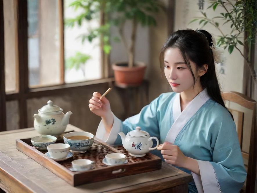 一位优雅的女性在古色古香的茶室中,侧面特写,柔和的光线勾勒出她品茶时的专注与宁静。