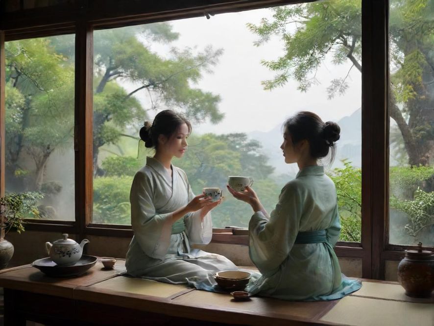 一位女士在私密会所中优雅品茶,享受宁静时光