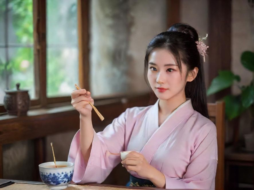 一位女士在宁静的茶室中享受休闲时光,放松身心